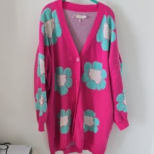 Vibrant Pink and Green Floral Cardigan Sweater